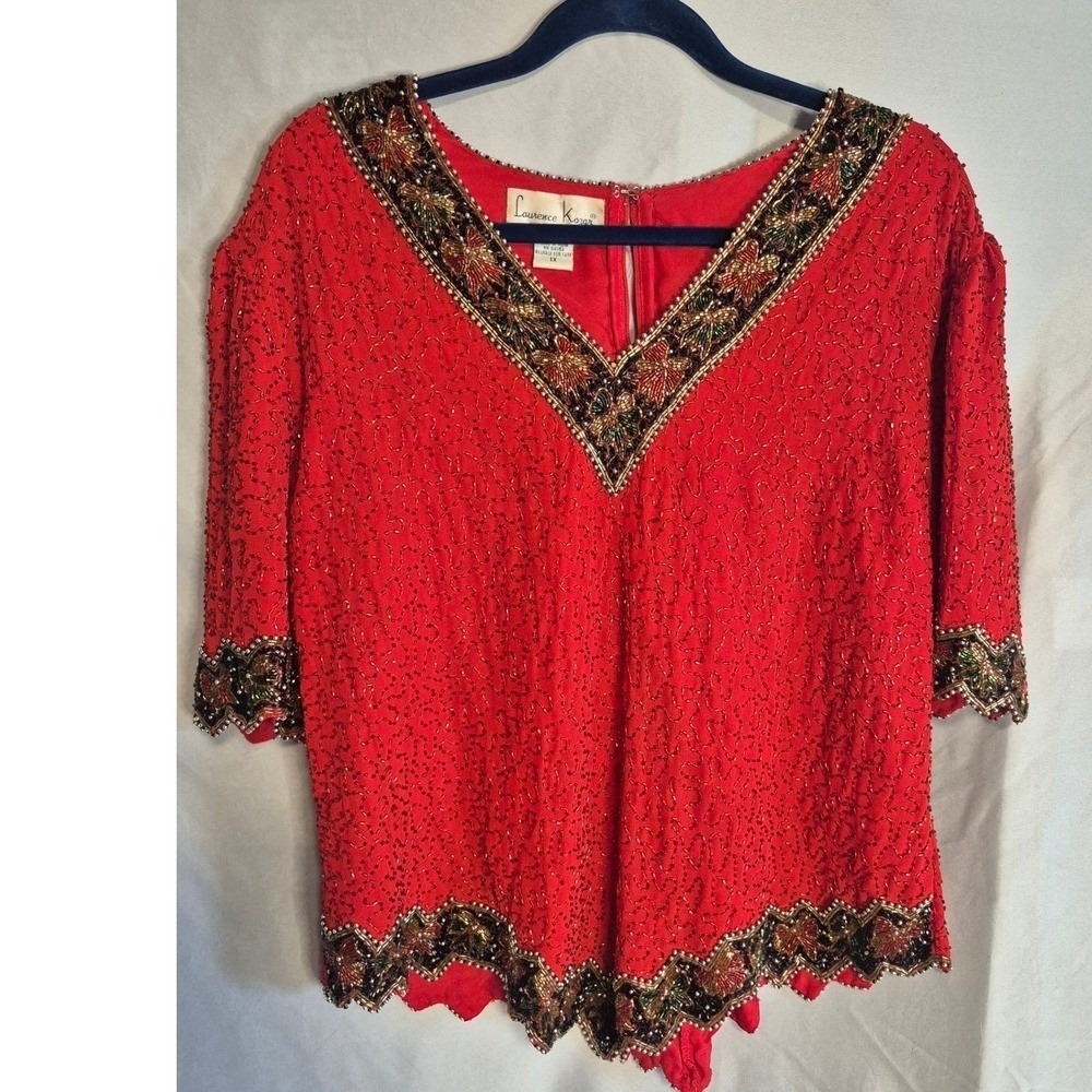 Laurence Kazar Red Beaded Cocktail Party Embellished Vintage Top
